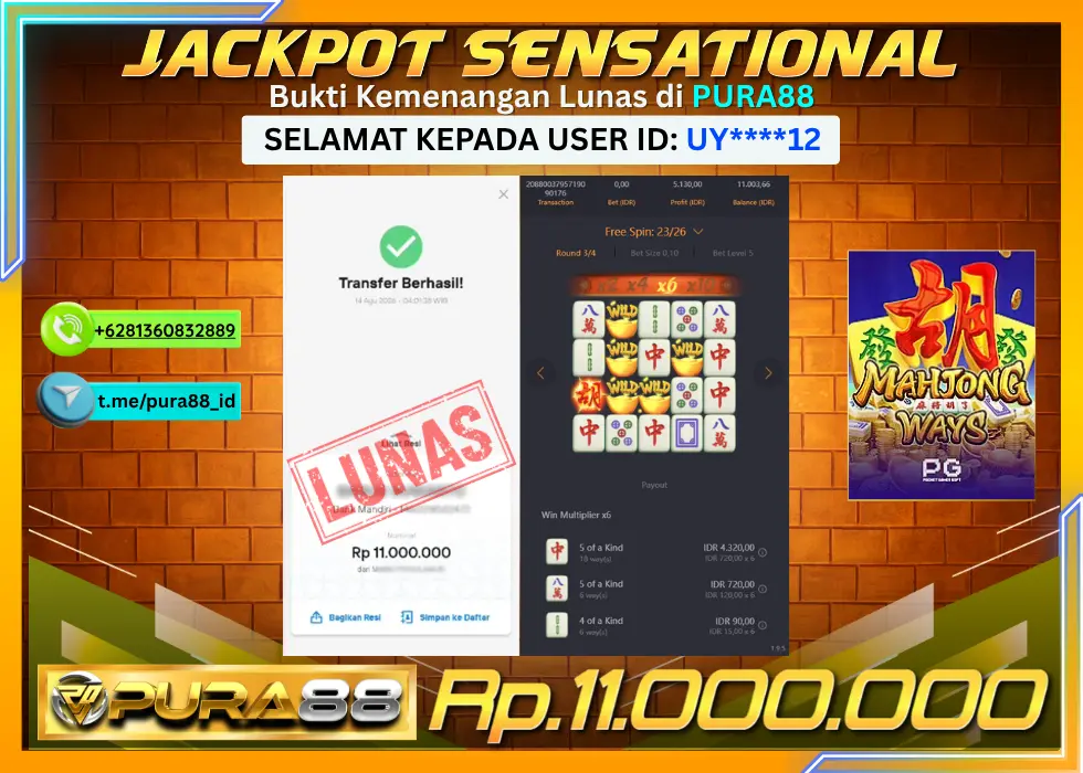 PURA88 JACKPOT MAHJONG WAYS Rp 11.000.000,- LUNAS